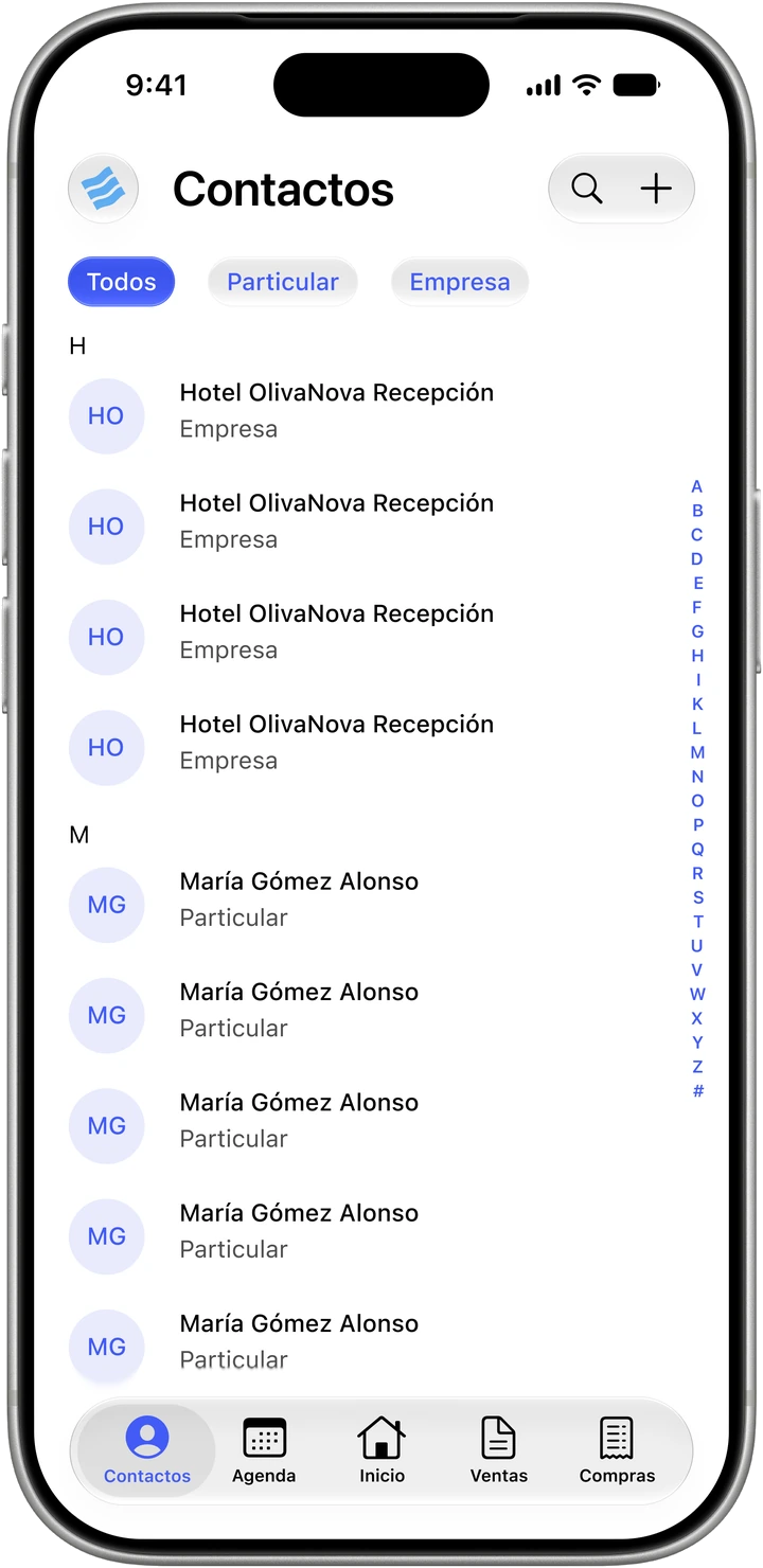 Listado de contactos de Worklia con clientes particulares y empresas