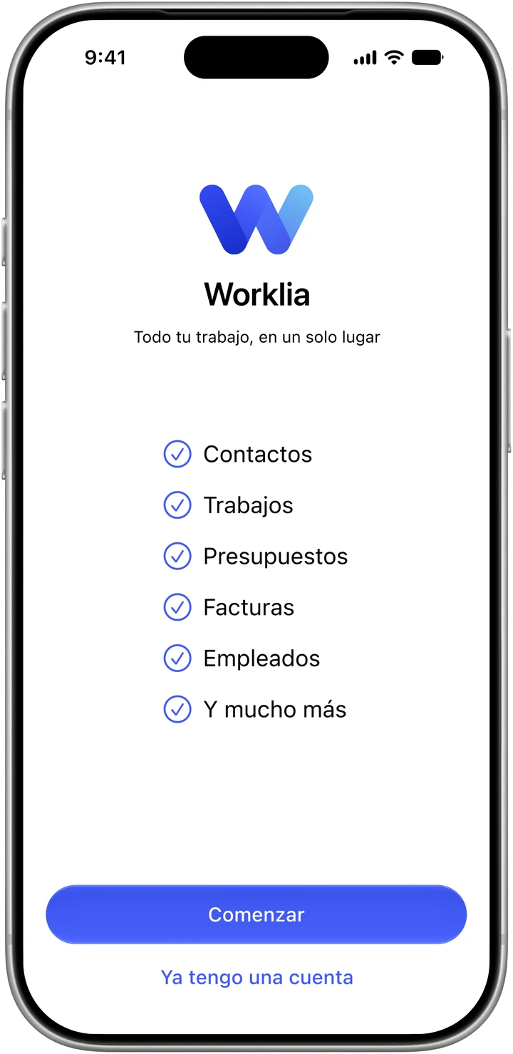 Pantalla de bienvenida de Worklia en un iPhone